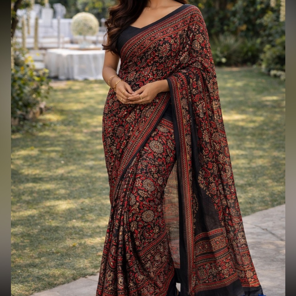 Brand New Nalli model silk ajrakh print Indian Pakistani festive saree